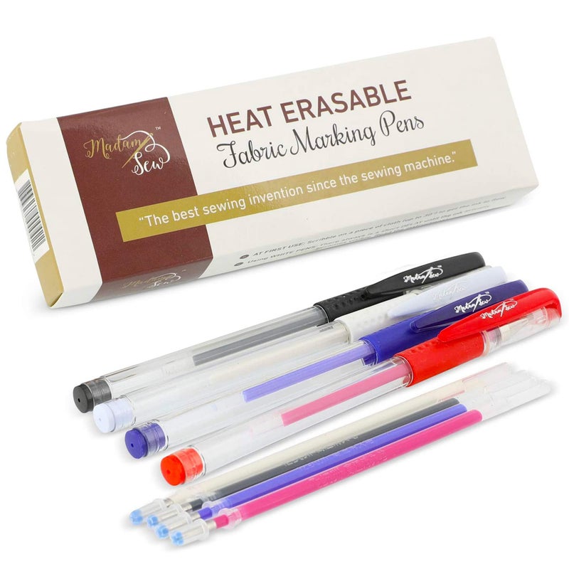 Madam Sew Heat Erasable Fabric Marking Pens for Sewing and Quilting | Fabric Markers for Sewing, Embroidery, Dressmaking with 4 Pens + 4 Refills | No Ghost Lines, Disappearing Ink for Precise Marking - Image 1